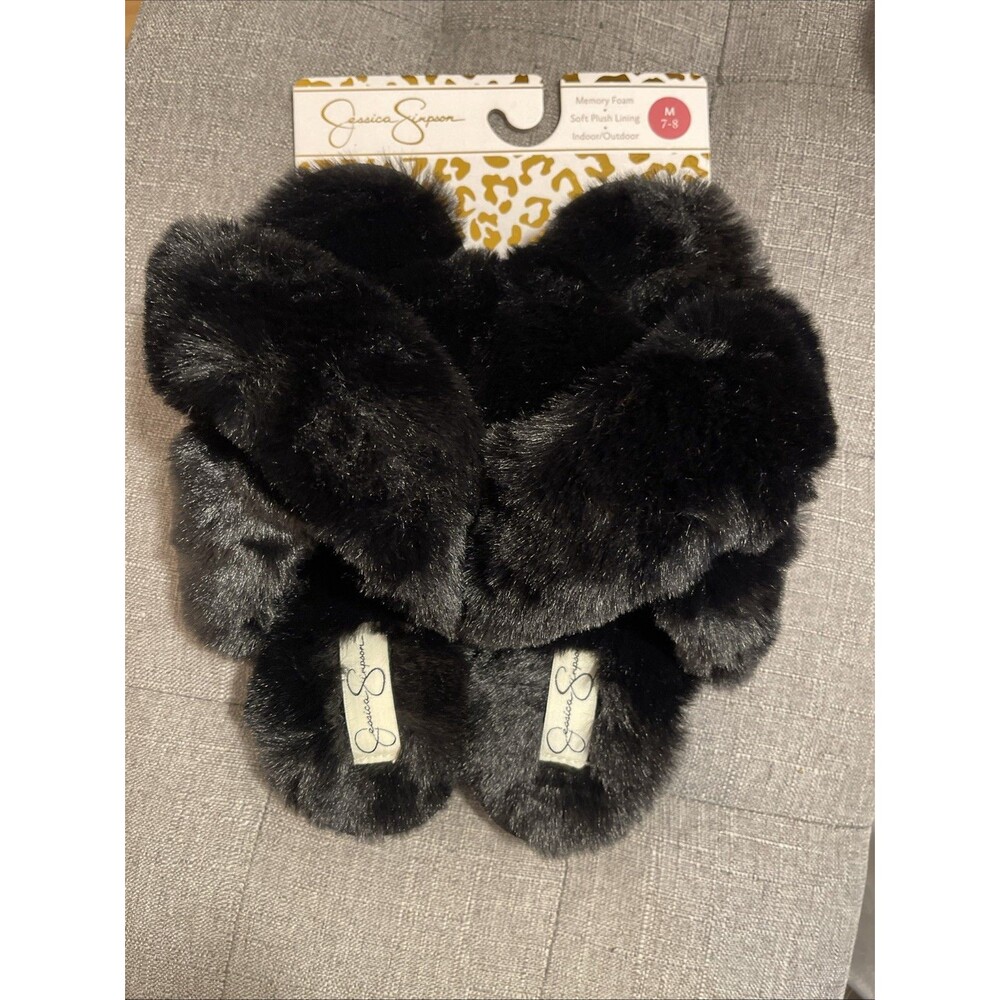 Jessica Simpson Women's Black Faux Fur Slide Slippers Open Toe US 7